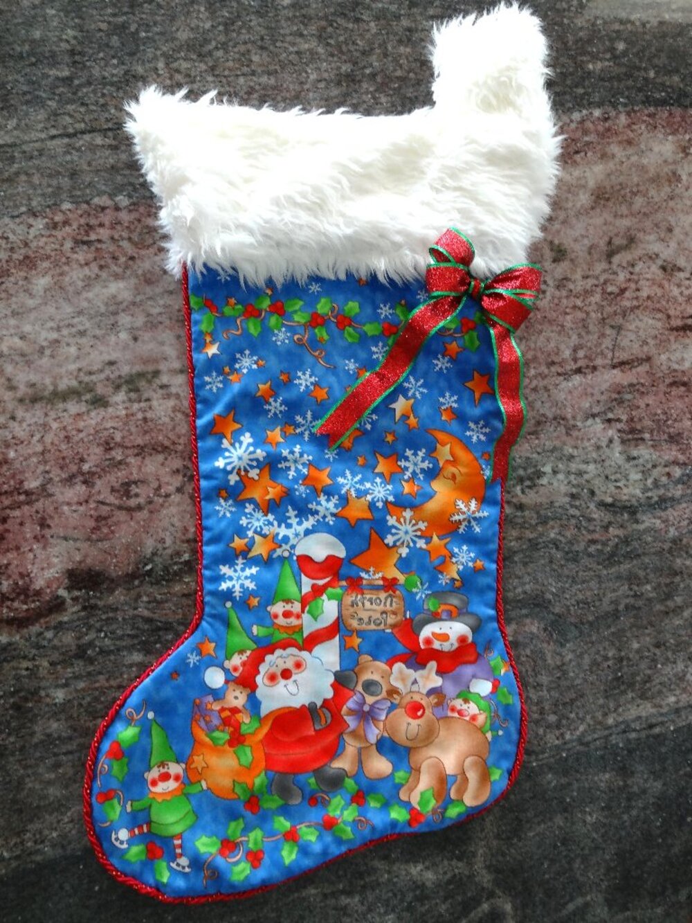 26"x12" Large Handmade Christmas Stocking Santa Elves and Reindeer